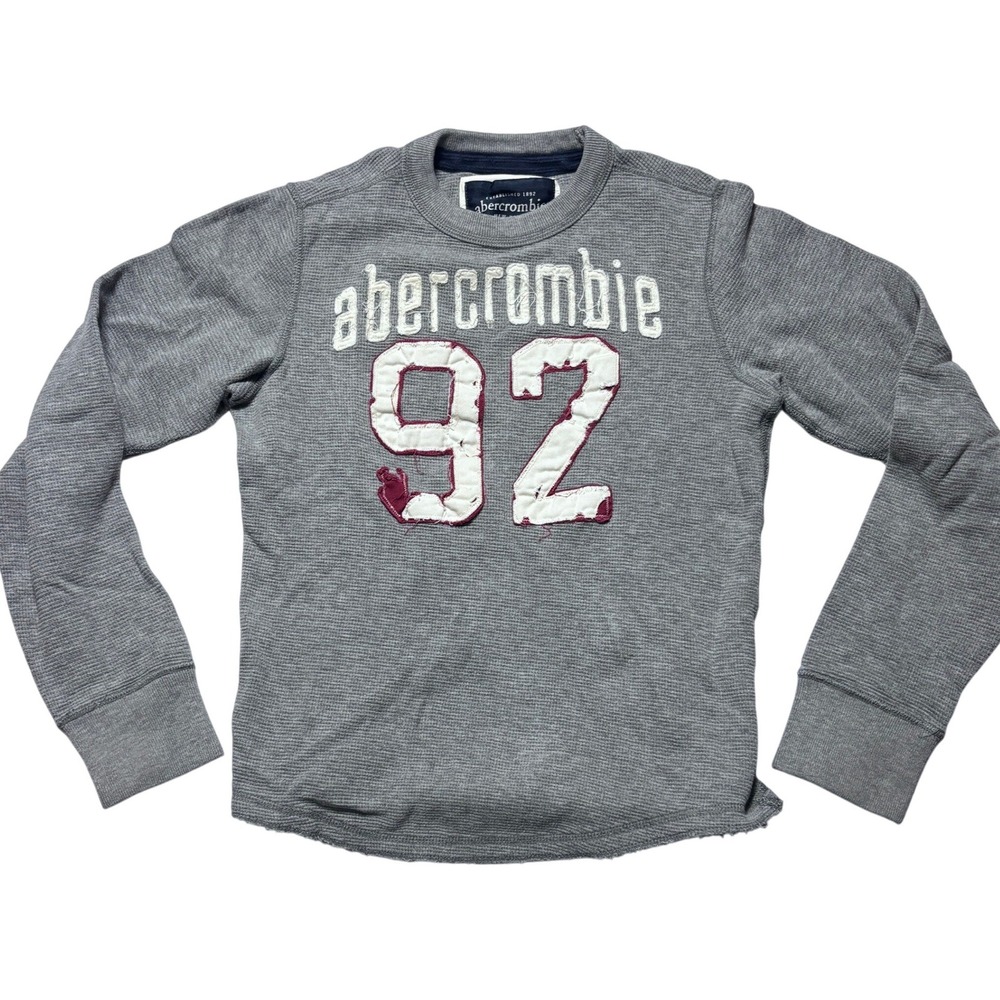 Abercrombie 92 Boys Large Grey Applique Waffle Knit Thermal‎ Long Sleeve Shirt